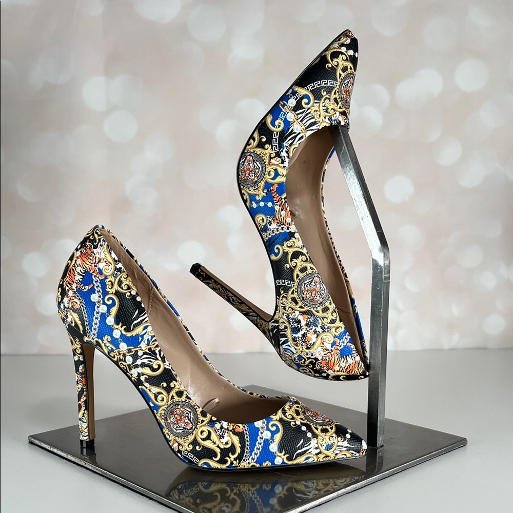 ALDO Elegant Blue and Gold Tiger Deco Heels